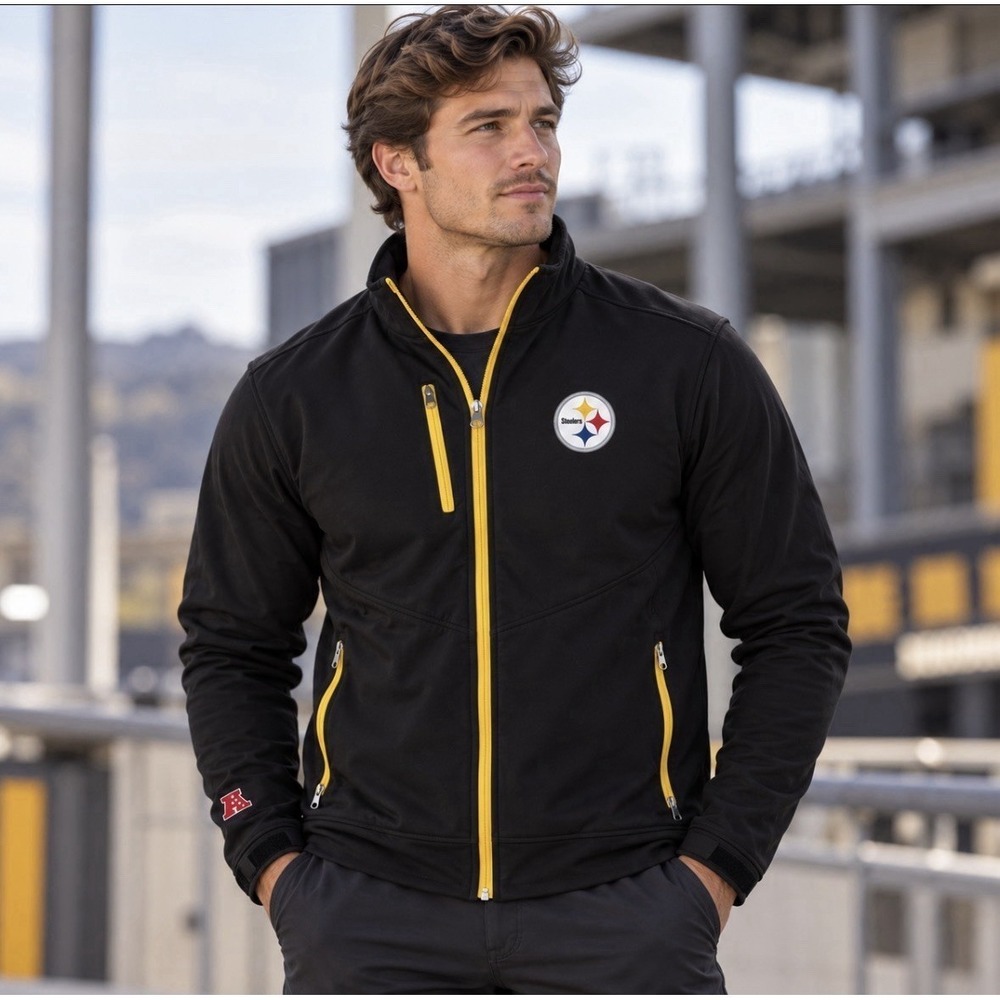 NFL Pittsburgh Steelers Men's Large Full Zip Softshell Jacket Black Yellow